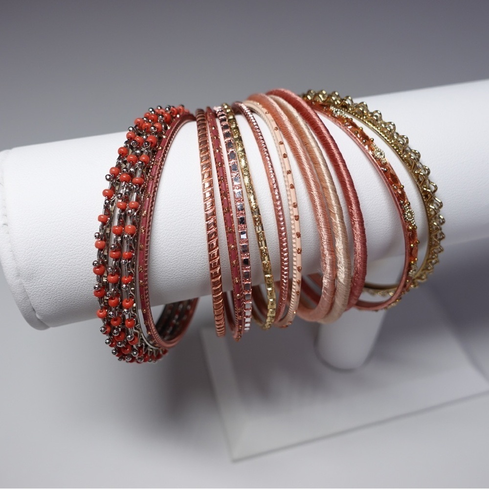BUNDLE of 14 Bangle Bracelets Pink Peach Gold Tone Thread Bead Metallic